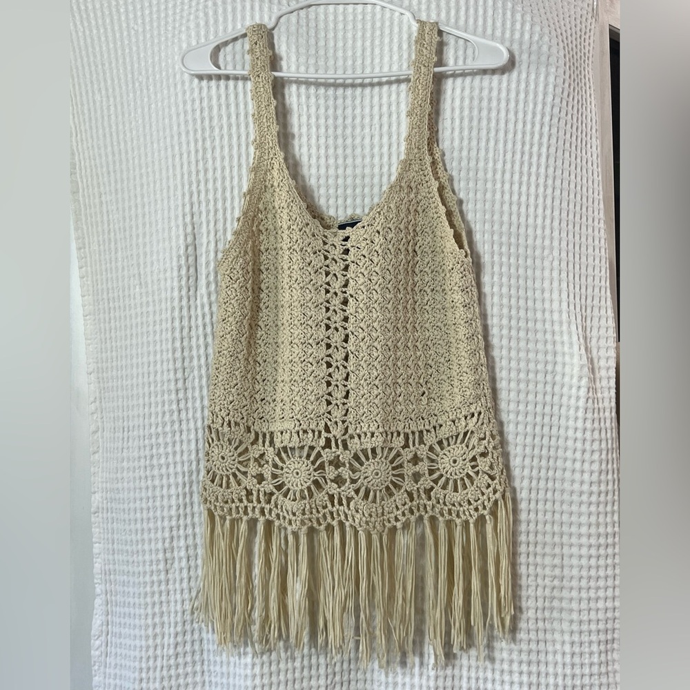 DAYTRIP CROCHETED TANK WITH FRINGE CREAM SZ XSM FESTIVAL SUMMER PARTY BEACHY